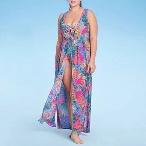 Kona Sol Tropical print Sleeveless Tie-Front Maxi Duster Cover-up Size L/XL